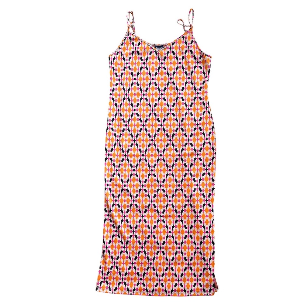 Scoop Side Slit Midi Slip Dress Wmns L Orange Tiger Diamonds NEW Geometric